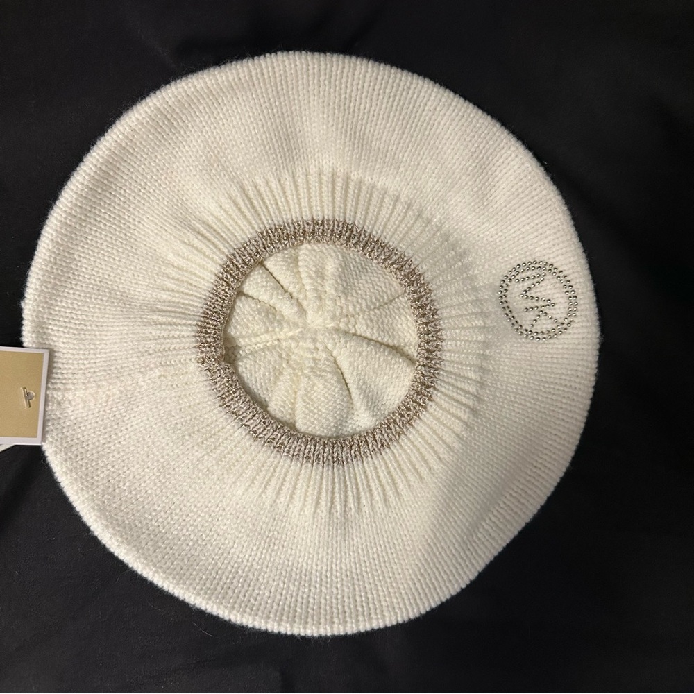 Michael Kors White Knit Beret with Gold Accents